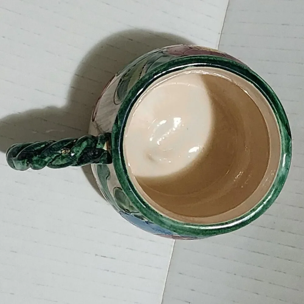 Miriam Italy Handpainted Ceramic Mug Floral Green Red Orange Braided Handle